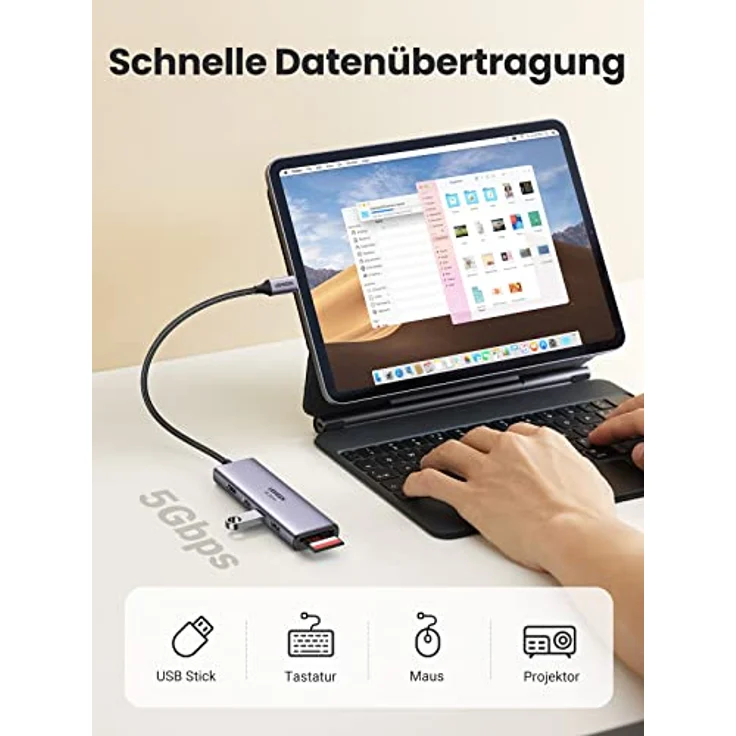 UGREEN USB C Hub 4K@60Hz USB C Adapter mit HDMI, SD/TF Kartenleser, 3 USB 3.0 - Kompatibel mit MacBook Pro/Air, iPad Pro, Surface Pro 7, iMac, Mac Mini M1, Galaxy Tab S8/S7 - Aluminiumgehäuse, 20cm langes nylongeflochtenes Kabel, robust und kompakt – Bild 5