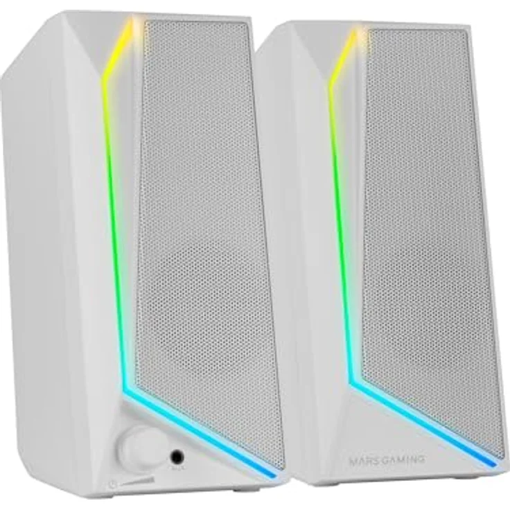 Mars Gaming MS72, Gaming-Lautsprecher 15W, RGB Flow Beleuchtung, 2 Aktive Treiber, Plug&Play USB- und 3,5mm-Klinkenanschluss, Lautstärkeregler, Audioanschluss für Kopfhörer, Weiß – Bild 1