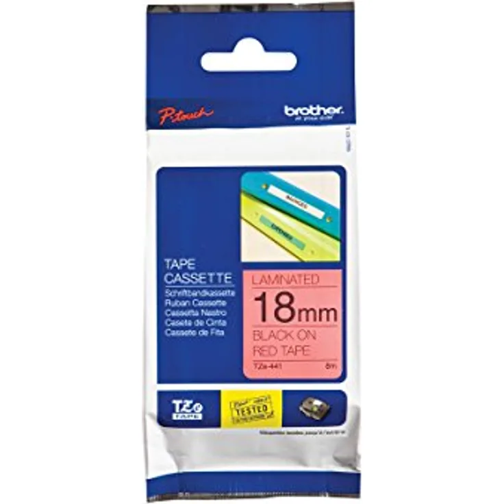 Brother P-touch TZe-441, Schriftband schwarz auf rot, 18mm breit, 8m lang, laminiert, wisch- und wetterfest