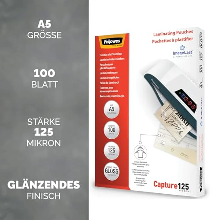Fellowes Capture125 ImageLast Laminierfolien glänzend, A5, 125 micron, 100 St. – Bild 2