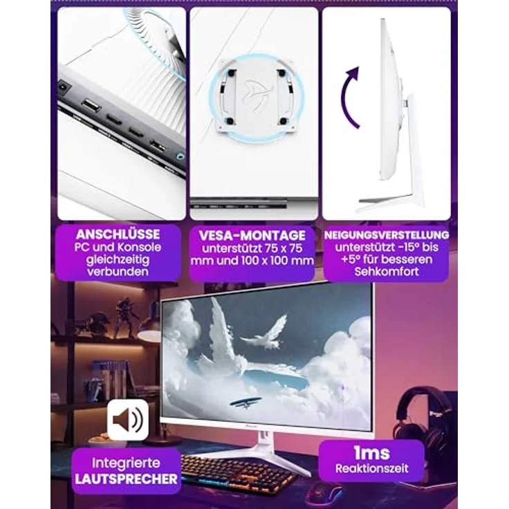 Arozzi Gaming Monitor Nova 32”, QHD 1440p, 180Hz, IPS, Adaptive Sync, HDR10, flimmerfrei, 100% sRGB, Weiß – Bild 3