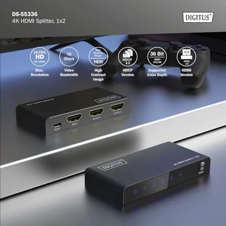 DIGITUS DS-55336 HDMI Splitter 1x2 – UHD 4K/60 Hz, HDR, HDCP 2.2, Deep Color - Schwarz – Bild 5