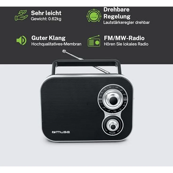 Muse M-051R tragbares Retro-Radio, UKW und MW, Netz- und Batteriebetrieb, Teleskopantenne, AUX-In, schwarz – Bild 3