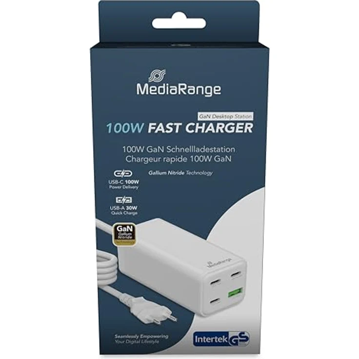 MediaRange 100W GaN Schnellladestation, 3x USB-C und 1x USB-A, unterstützt USB-C Power Delivery und Quick Charge™, Weiß – Bild 2