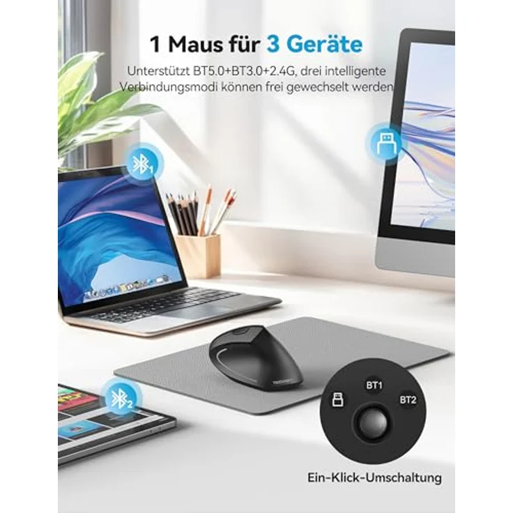 TECKNET Ergonomische Bluetooth Maus Jiggler, Wiederaufladbar, 4800 DPI, Optische Leise Vertikale Funkmaus für Windows, MacOS, Android, iPadOS – Bild 2