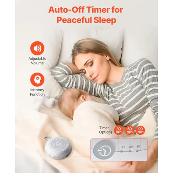 VEVOR HFD-W30, Einschlafhilfe White Noise Machine mit 20 Musiktiteln, 4-in-1 Soundmaschine, automatischem Abschalttimer, sanftem Ringlicht, Speicherfunktion & Kindersicherung – Bild 5
