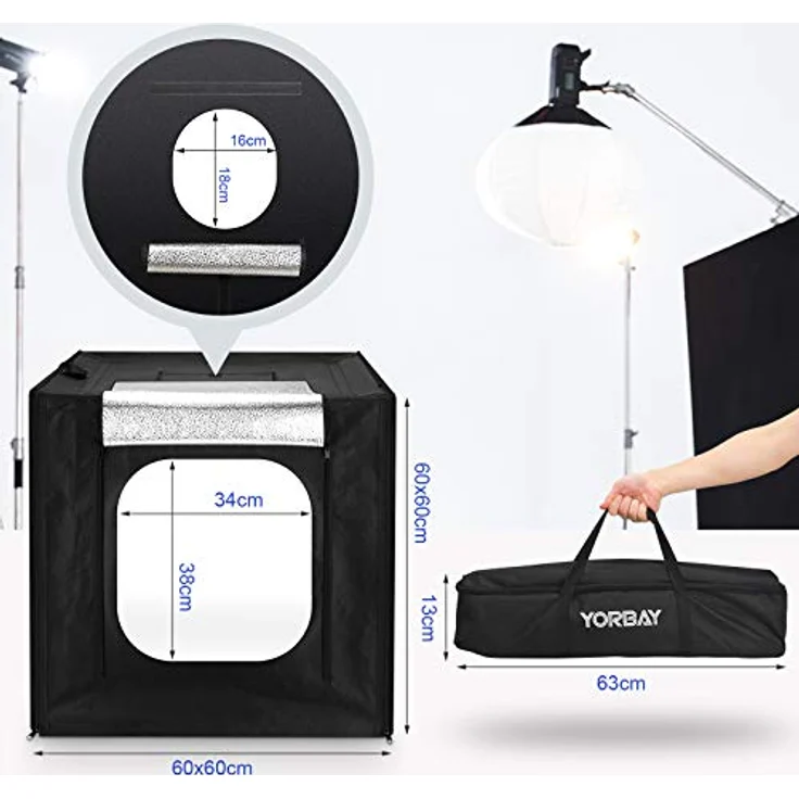 Yorbay Fotostudio Set 60 x 60 x 60cm CRI 95+ LED-Fotobox Lichtbox Lichtwürfel inkl. 4 PVC-Hintergrundfolien (schwarz, rein weiß, grau, orange) - Profi Fotografie Mehrweg – Bild 2