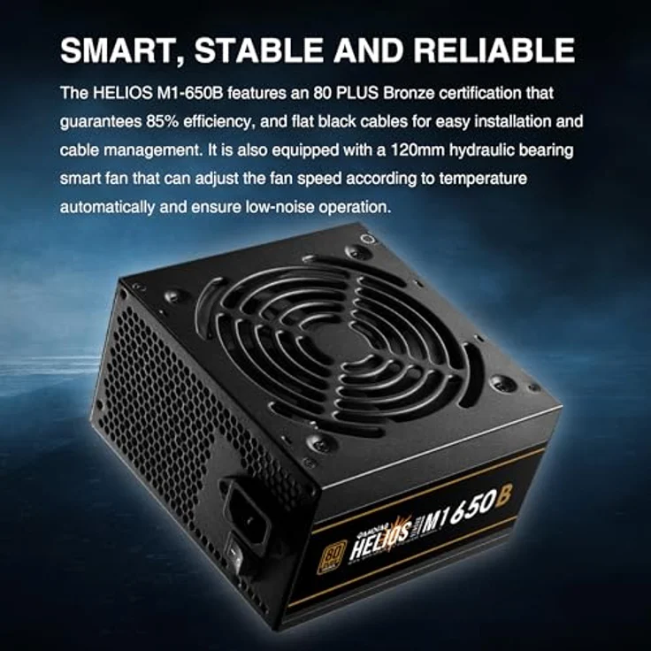 GAMDIAS Helios M1 650W PC-ATX-Netzteil, 80 Plus Bronze, Flaches Kabel, Leiser 120-mm-PWM-Lüfter, Schwarz – Bild 2