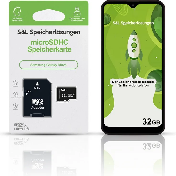 Tec-Expert microSD Karte S&L für Samsung Galaxy M02s, 32 GB, Class 10, microSDHC, stoßfest und wasserdicht