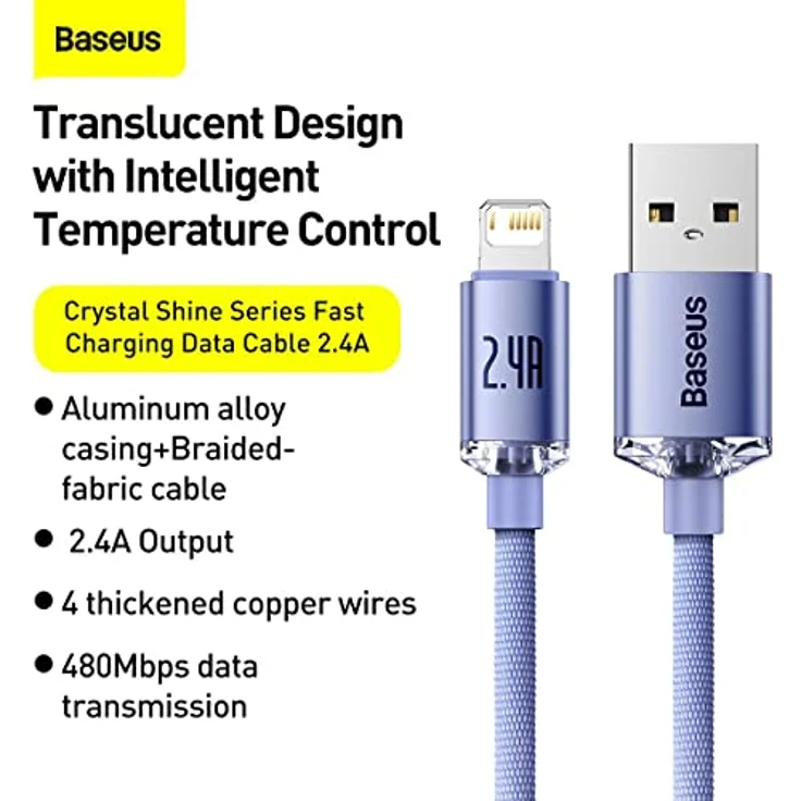 Baseus Crystal Shine USB auf Lightning Kabel, 2,4 A, 2 m, Violett – Bild 3
