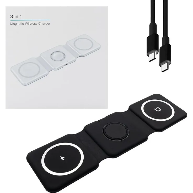 Teltech induktives kabelloses Ladegerät MagSafe 3in1, 15W, schwarz mit Kabel