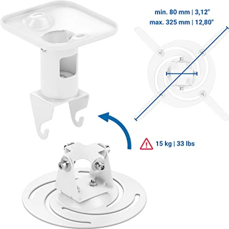 deleyCON Universal Beamer Projektor Deckenhalterung, neigbar bis +-25°, 360° schwenkbar, bis 15kg, Deckenabstand 215mm, Kabelführung, Weiß – Bild 4