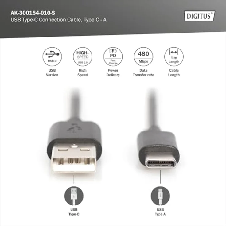 DIGITUS USB Type-C Anschlusskabel, Typ C auf A St-1.0m, 3A, 480MB, 2.0 Version, sw – Bild 3