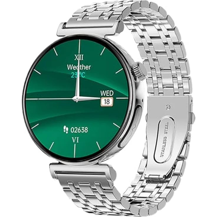 Knauermann PRO 3 Mini (2024) Silber - Gesundheitsuhr Smartwatch mit Telefoniefunktion - EKG + HRV und SOS Funktion - AMOLED Display - BT Bluetooth - Schlafapnoe - Gliederarmband Silber, 14-24, rund – Bild 1