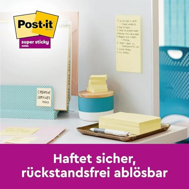 Post-it Super Sticky Haftnotizblock 654-12SYP, 76 x 76 mm, kanariengelb, 90 Blatt, haften auf nahezu allen Oberflächen – Bild 2