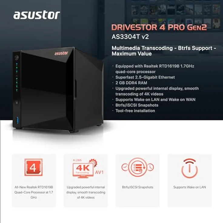 Asustor Drivestor 4 Pro Gen2 AS3304T v2, 4 Bay NAS Gehäuse Netzwerkspeicher, 1.7GHz Quad-Core, 2.5GbE Port, 2GB RAM DDR4, Network Attached Storage für Cloud Speicher (Diskless) – Bild 2