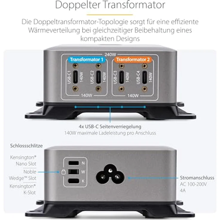 Startech.com 4-Port USB-C Charger, 240W Netzteil mit Power Delivery 3.1 und Oberflächenmontagehalterung – Bild 7