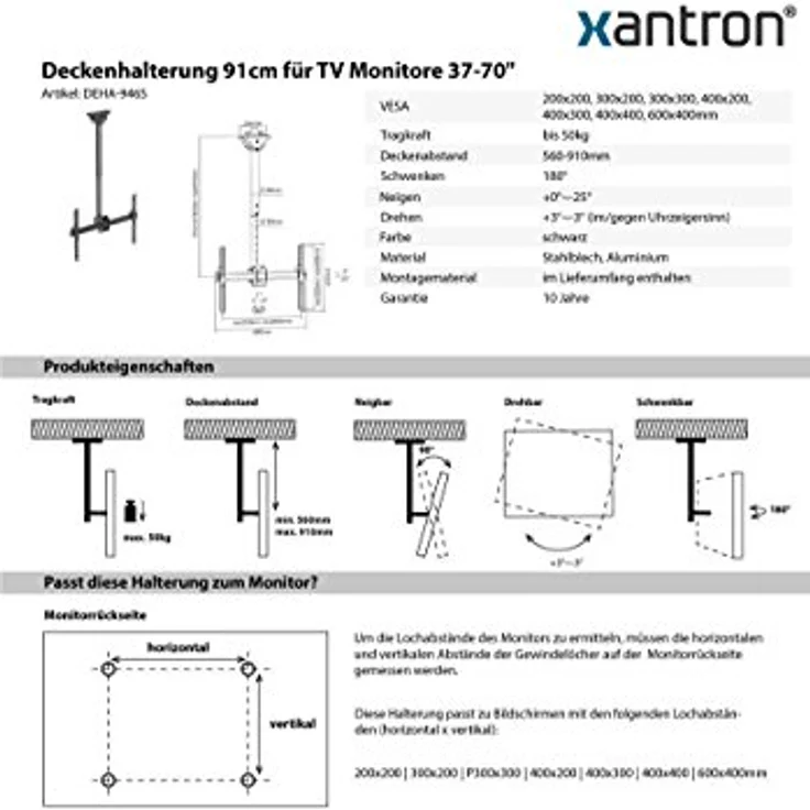 Xantron Deckenhalterung für TV Monitore 37-70" schwenkbar, neigbar, drehbar, höhenverstellbar, DEHA-946S – Bild 3