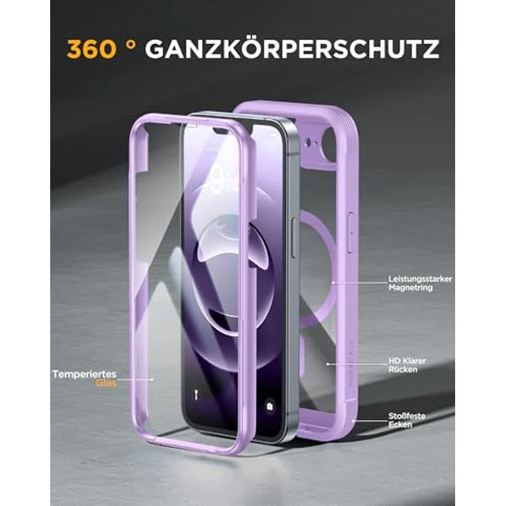 Miracase für iPhone 17e & iPhone 16e Hülle, 360° Stoßfest mit Panzerglas-Schutz und Voll-Kameraschutz, MagSafe-kompatibel, langlebig, Helllila – Bild 2