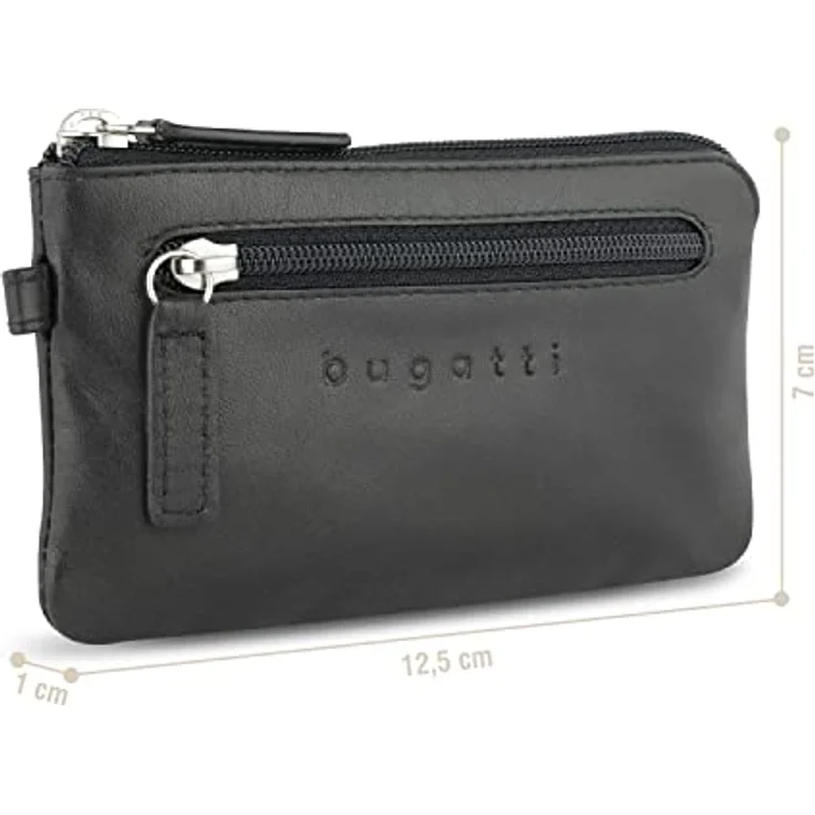 bugatti Schlüsseltasche Super Slim, aus echtem Leder, schwarz, mit 2 Schlüsselringen und Zipperfach – Bild 2