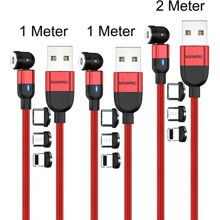 SOONTEC Magnet Ladekabel 3er Set, drehbar 360°/180° mit 3 Steckern (Micro USB/USB-C/Lightning), 2,4 A, Rot