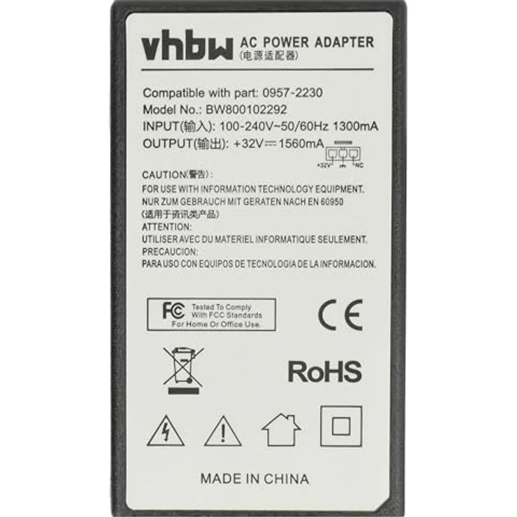vhbw Netzteil kompatibel mit HP Photosmart C6100, C6150, C6180, C6188, C7180, C5380, C5388, C5390, C6380, 200 cm Kabel, schwarz, 32V/1.56A – Bild 5