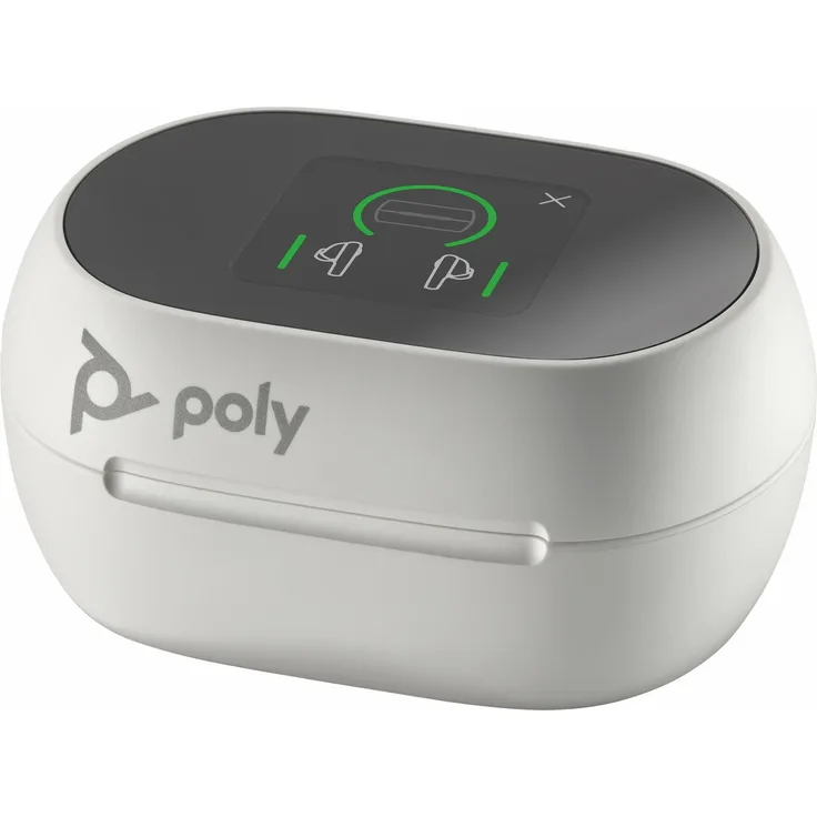 Poly Voyager Free 60+ UC, Touchscreen-Ladecase mit Qi-Ladefunktion und OLED Display, weiß