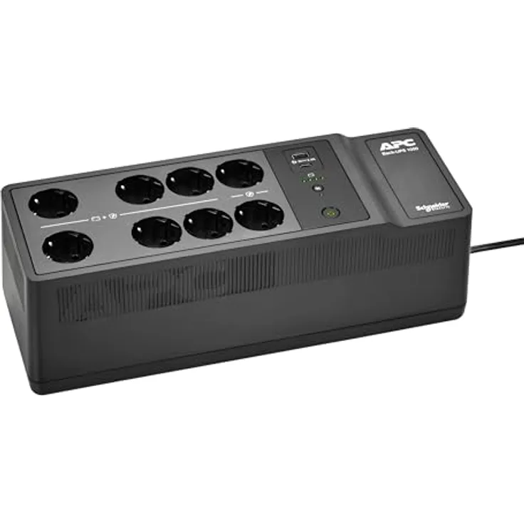 APC BE1050G2-GR UPS für Zuhause, 1050VA UPS Batterie-Backup mit 8X Schuko CEE 7/3 Steckdosen, 2 USB-Ladeanschlüssen, Back-UPS Unterbrechungsfreie Stromversorgung, schwarz