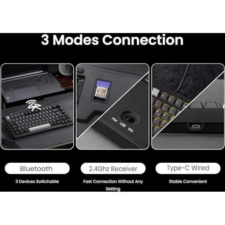 Akko 5075B Plus VIA Mechanische Tastatur, 75% ISO-Layout, 3-Modus Gaming, Hot Swappable Linear Switch, Cherry PBT-Tasten, Schwarz Silber, Rosewood – Bild 4