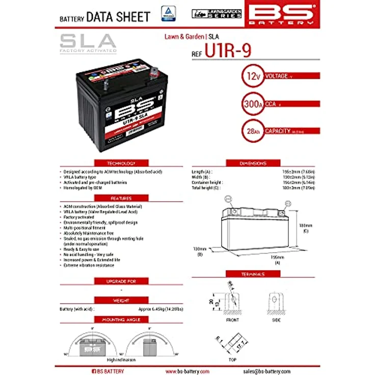 BS Battery SLA Wartungsfreie AGM-Batterie U1R-9, werkseitig aktiviert, benutzungsfertig, hohe Vibrationsfestigkeit, niedrige Gasemissionen – Bild 2