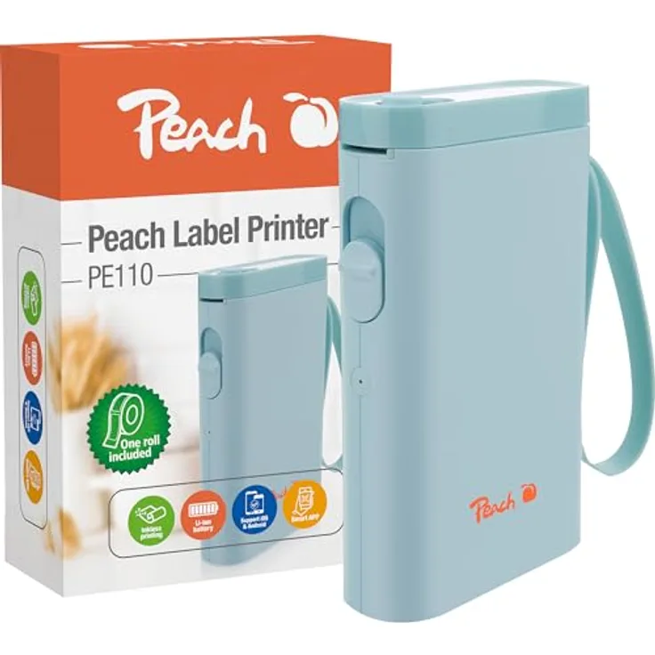 Peach Label Printer PE110, kabelloser Etikettendrucker mit Bluetooth, 203 dpi, blau