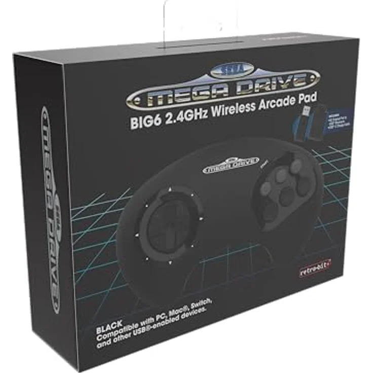 Retro-Bit BIG6, 2.4 GHz SEGA Mega Drive Wireless Arcade Controller Pad, kompatibel mit SEGA Mega Drive Original/Mini, Switch, PC & Mac, schwarz, wiederaufladbarer 500mAh Akku – Bild 3
