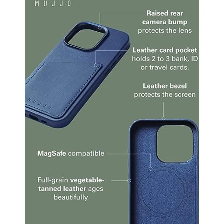 Mujjo Lederhülle Wallet iPhone 15 Pro blau - Brieftaschen-Funktionalität, außergewöhnlicher Schutz und Magsafe-kompatibel – Bild 2