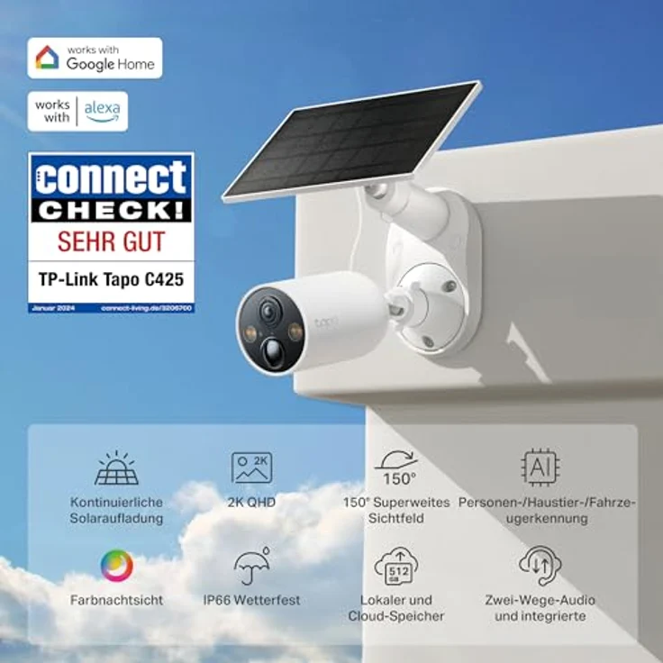 Tapo C425 KIT Solar Überwachungskamera Außen Akku, 2K Auflösung, Farbnachtsicht, MicroSD-Speicher, 10000-mAh-Akku, 150° Super-Weitwinkel Sichtfeld, Zwei-Wege-Audio, Alexa&Google Assistant kompatibel – Bild 2