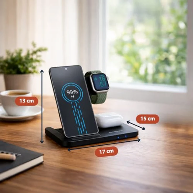 Grundig 3-in-1 Kabellose Ladestation für Apple Watch und iPhone – Faltbares Qi Ladegerät für Smartphone, Smartwatch und Kopfhörer mit Schutzfunktion und LED-Anzeige – Bild 3