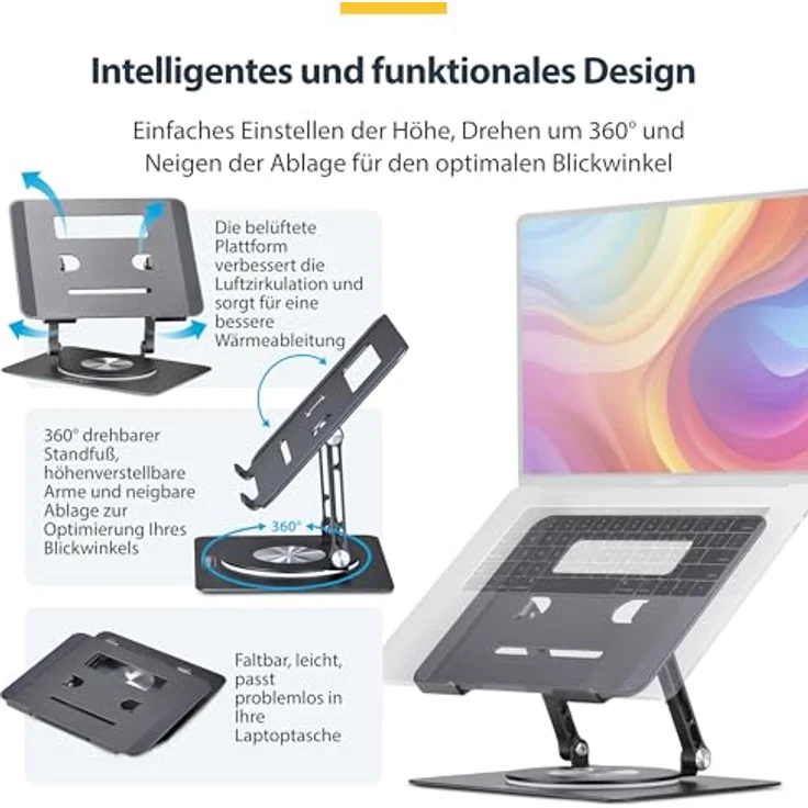 StarTech Drehbarer Laptop-Ständer, ergonomische Schreibtischerhöhung mit 360° Rotation, verstellbare Höhe/Neigung, Aluminium, bis 5 kg – Bild 4