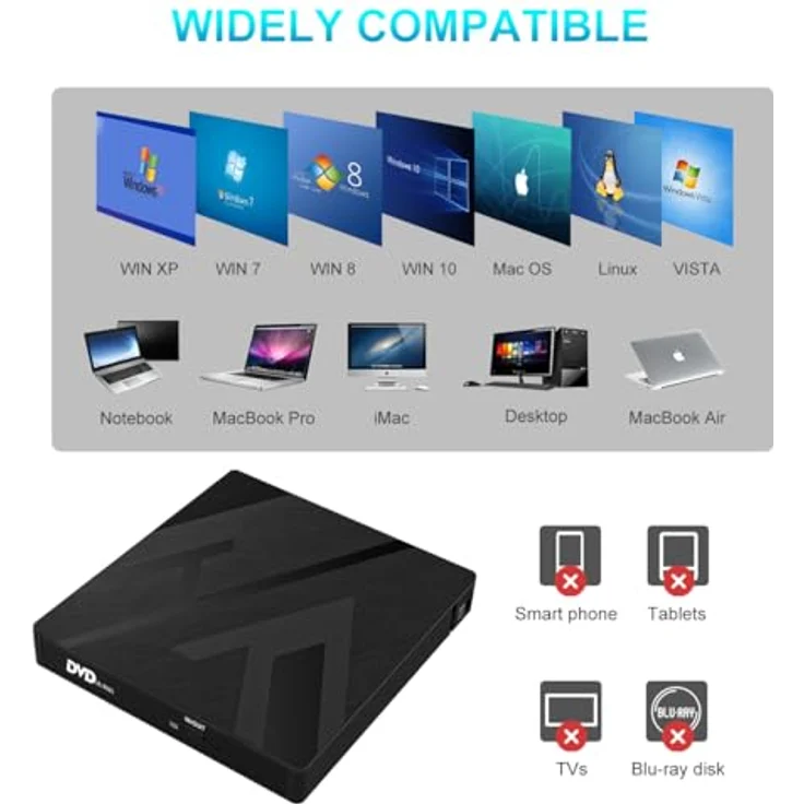 JBonest Externes CD DVD Laufwerk USB 3.0 Typ-C, Extern mit SD/TF-Kartenleser Portable RW Brenner,Schnelle Datenübertragung für Laptop,Desktop,MacBook,Win11/10/8/7/XP, Linux,Mac OS,Vista – Bild 4