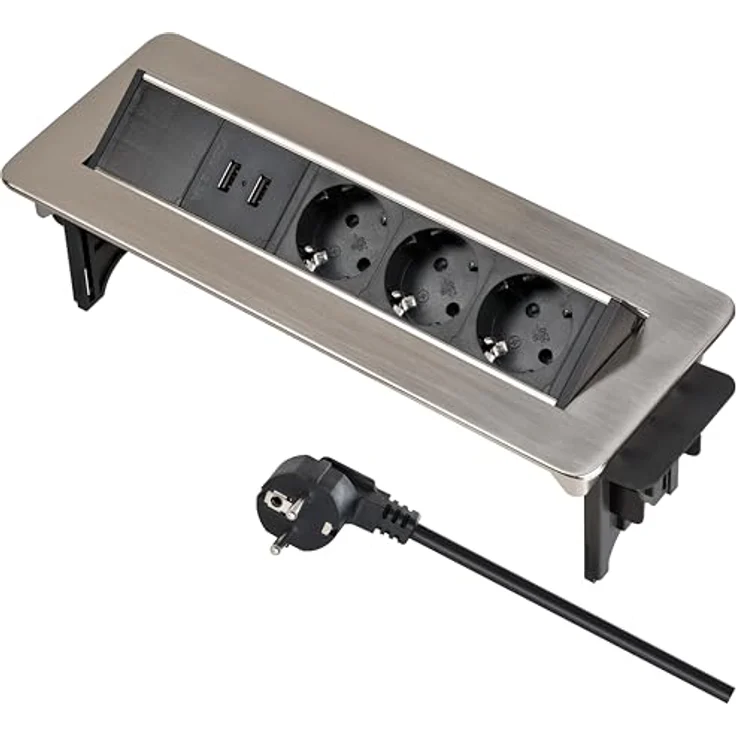 Brennenstuhl Indesk Power USB-Charger Tischsteckdosenleiste - Versenkbare Steckdose 3-fach (2 USB Ladebuchsen, 2m Kabel) silber-schwarz – Bild 2