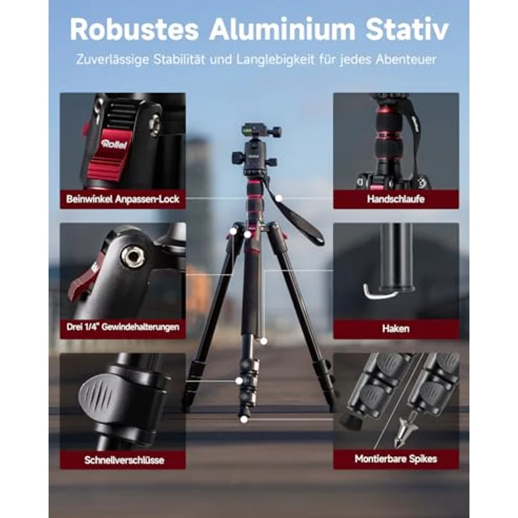 Rollei Compact Traveler No. 2, Dreibeinstativ aus Aluminium, maximal 180 cm, schwarz, Tragfähigkeit 5 kg – Bild 6