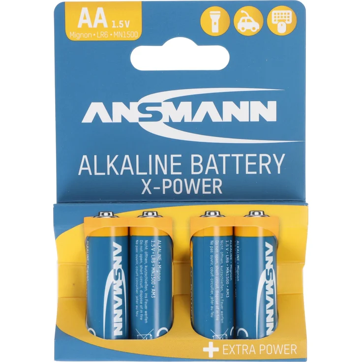 Ansmann X-Power Alkaline Batterie Mignon AA, LR6, 4er Pack, 1,5V, nicht wiederaufladbar, hohe Leistungsabgabe, lange Haltbarkeit bis zu 7 Jahren, umweltfreundlich verpackt