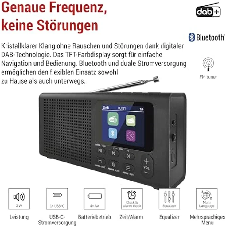 EMOS E0090 DAB+ Radio mit Bluetooth und Dual-Stromversorgung, tragbares Digitalradio mit Wecker, Sleeptimer, 40 Speicherplätzen und TFT LCD Farbdisplay, Schwarz – Bild 2