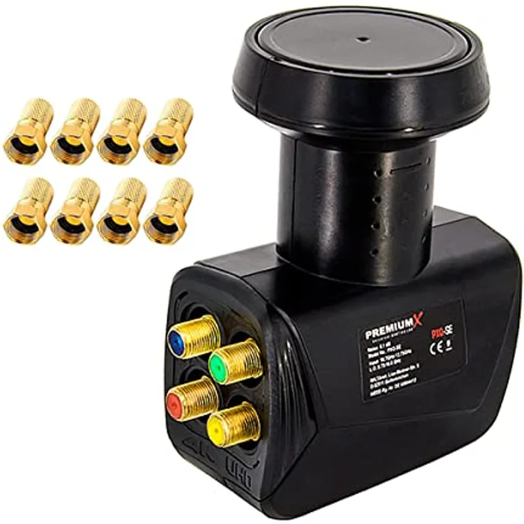 Premium X Quattro LNB SAT Mehr-Teilnehmer für Multischalterbetrieb Satellit TV Signalumsetzer DVB-S2 HD 4K inkl. 8X F-Stecker mit Dichtring