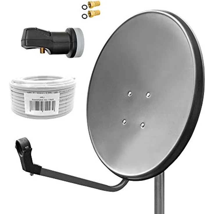 ARLI 60cm HD Sat Anlage Single LNB + 15m Koaxialkabel 135dB + 2X F-Stecker Digital 1 Teilnehmer Antenne Grau UHD 4K FullHD Satellitenantenne - Rostfreier Stahl, Oval, Sehr geringer Stromverbrauch