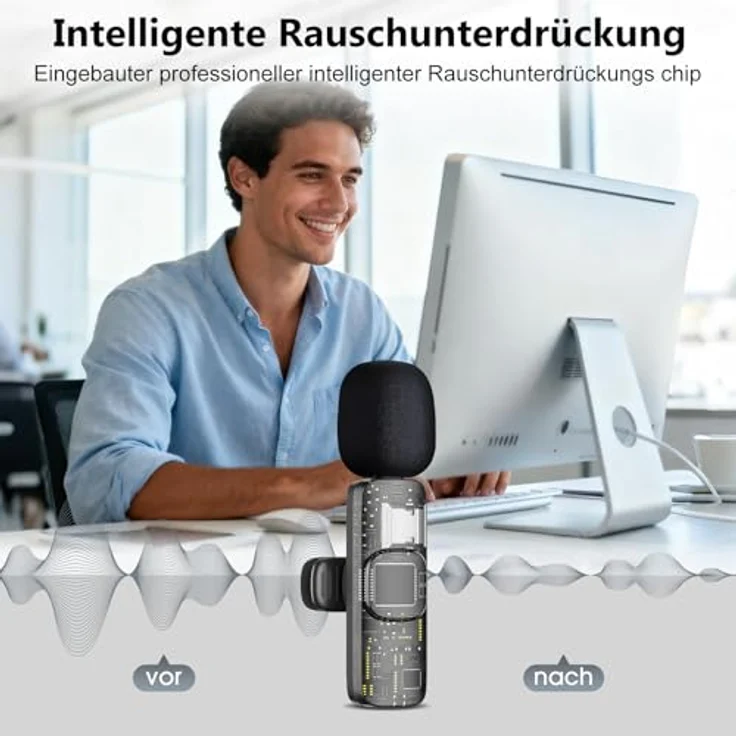 QINOJA Wireless Lavalier Mikrofon 4-in-1 für iPhone/Handy/Kamera/Computer, kabellos mit Pop-Filter, Rauschunterdrückung, 20 m Reichweite, tragbar für Vlog, TikTok, Live-Streaming – Bild 5