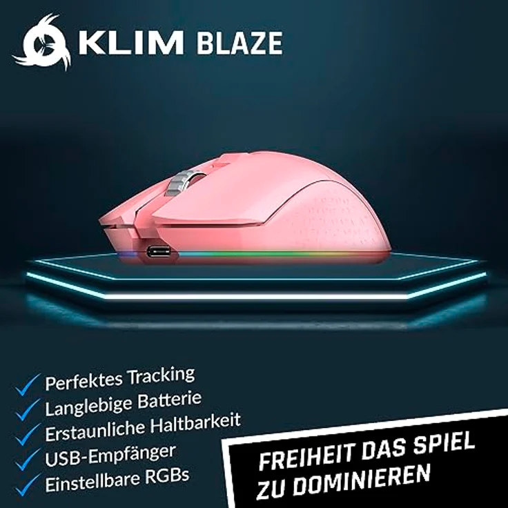 KLIM Blaze, Wiederaufladbare kabellose RGB Gaming Maus mit hochpräzisem Sensor, bis zu 10000 DPI, Ergonomisches Design, Kabel- und Funkmodus, Rosa – Bild 2