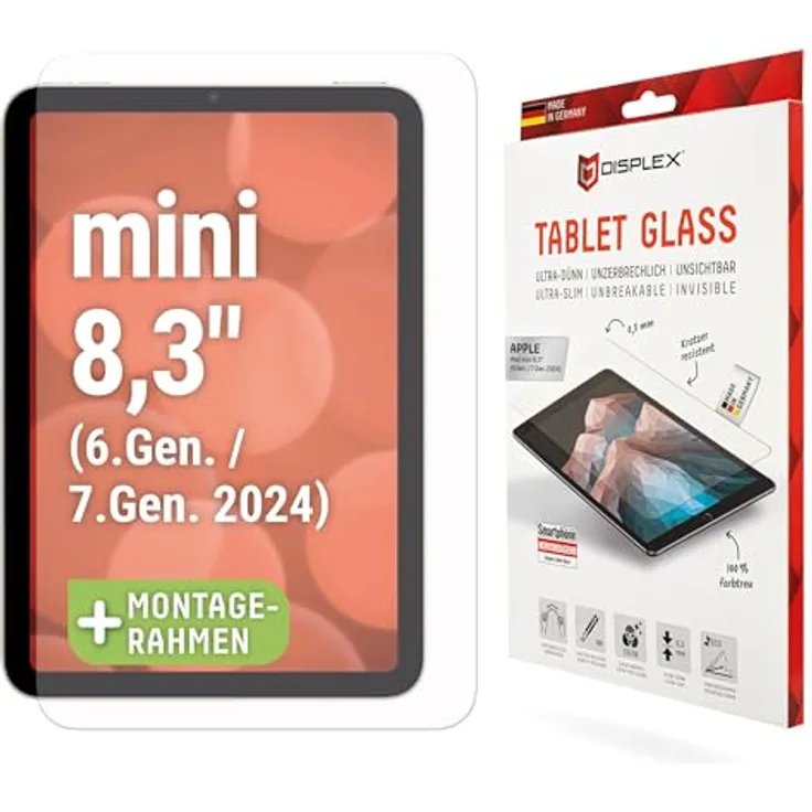 Displex Schutzglas 2D/ Clear (10H) für Apple iPad mini 8,3'' (6. Gen./7. Gen. 2024), Tempered Glas, hüllenfreundlich