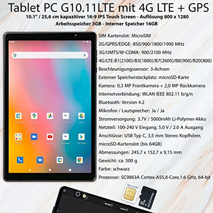 JayTech Tablet PC G10.11 4G/LTE (10,1 Zoll, 1280x800, HD, Touch) - Cortex-A55, 1,6 GHz, 64-bit, 3GB RAM, 16GB, Wi-Fi, Android 11 (schwarz) – Bild 2