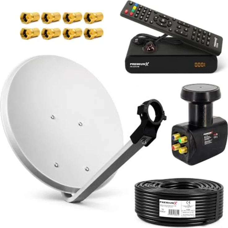 PremiumX SAT Anlage 60cm, hellgraue Antenne mit Quad LNB, 50m Kabel und Receiver für Wand- und Dachmontage – Bild 1