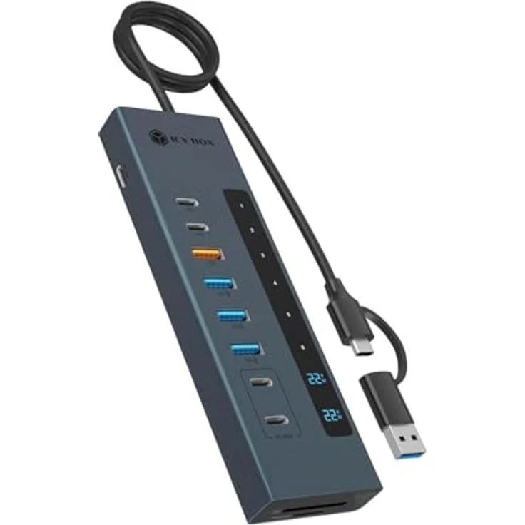 ICY Box IB-HUB1742CR-C2PD, 11-in-1 USB-C Hub mit 2x USB-C (10 Gbit/s), 4x USB-A (5/10 Gbit/s), 100 W PD, SD/microSD UHS-I Kartenleser, Aluminiumgehäuse – Bild 1