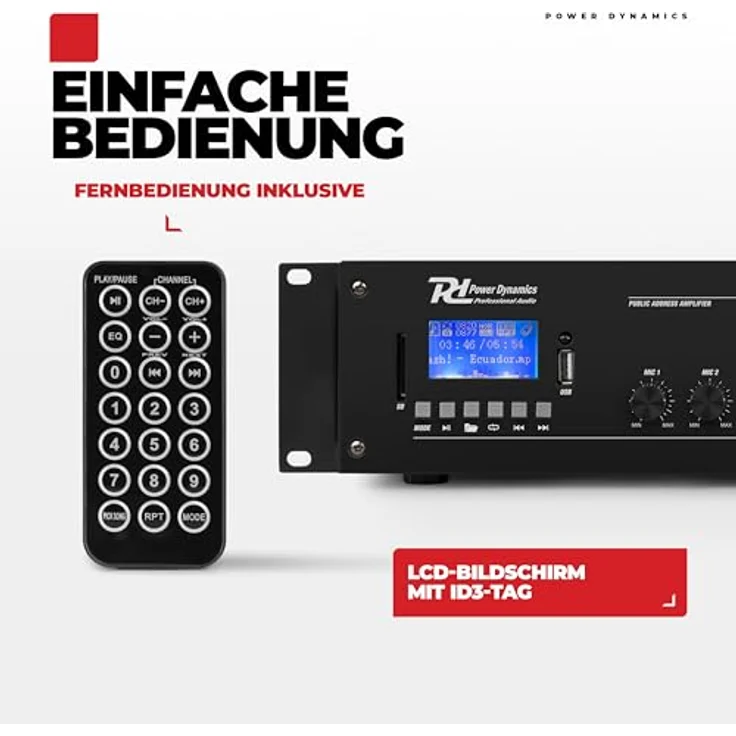 Power Dynamics PRM360 PA Endstufe, 360 Watt Verstärker mit Bluetooth, MP3-Player, USB, SD, 2X Mic, 100 Volt System – Bild 4
